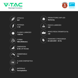 VT-280 Lampadina LED E27 11W Reflector R80 SMD Chip Samsung V-Tac