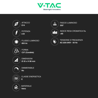 VT-2327 Lampadina LED E14 6W Filament Trasparente V-Tac