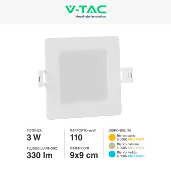 VT-61003 Mini Pannello LED Quadrato 3W SMD da Incasso V-Tac