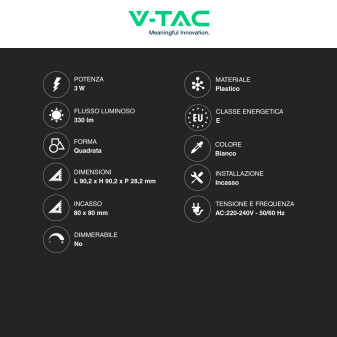 VT-61003 Mini Pannello LED Quadrato 3W SMD da Incasso V-Tac