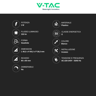 VT-61003 Mini Pannello LED Quadrato 3W SMD da Incasso V-Tac