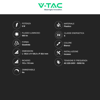 VT-61006 Mini Pannello LED Quadrato 6W SMD da Incasso V-Tac