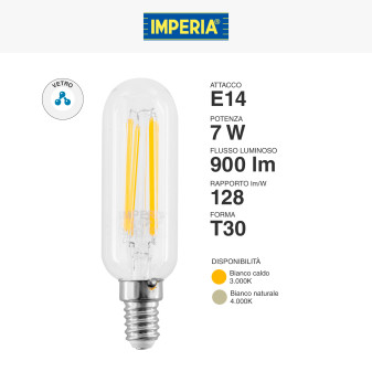 Lampadina LED E14 7W Tubolare T30 Filament in Vetro Imperia