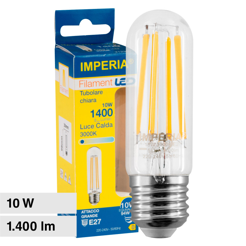 Lampadina LED E27 10W Tubolare T30 Filament in Vetro Imperia