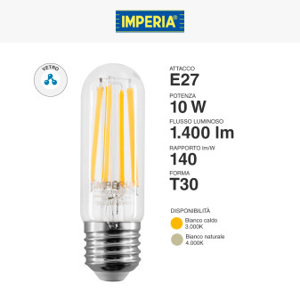 Lampadina LED E27 10W Tubolare T30 Filament in Vetro Imperia
