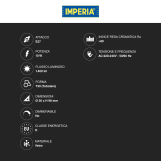 Lampadina LED E27 10W Tubolare T30 Filament in Vetro Imperia