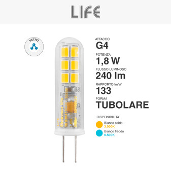 Lampadina LED G4 1,8W Tubolare SMD 12/24V in Vetro Trasparente Life
