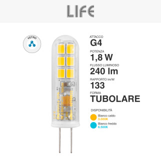 Lampadina LED G4 1,8W Tubolare SMD 12/24V in Vetro Trasparente Life