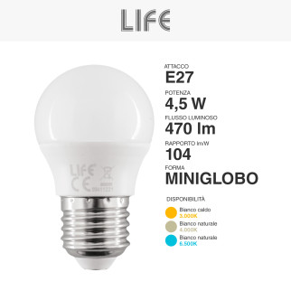 Lampadina LED E27 4,5W MiniGlobo G45 Sfera SMD Life