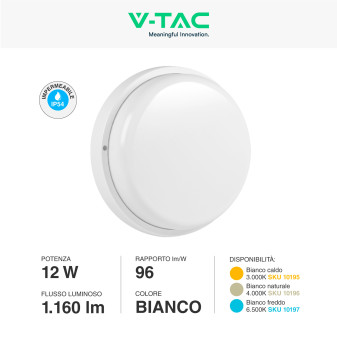 VT-8095 Plafoniera LED 12W Rotonda SMD IP54 Bianca V-Tac