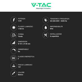 VT-8095 Plafoniera LED 12W Rotonda SMD IP54 Bianca V-Tac
