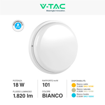 VT-8096 Plafoniera LED 18W Rotonda SMD IP54 Bianca V-Tac