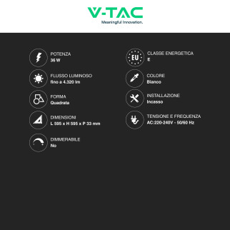 VT-60036 10 Pannelli LED Quadrati 60x60 36W SMD Driver V-Tac