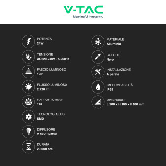 VT-8125 Lampada LED da Muro 24W SMD Colore Nero V-Tac