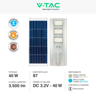 VT-30301ST Lampada Stradale 40W Pannello Solare IP65 V-Tac