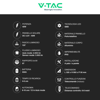 VT-30301ST Lampada Stradale 40W Pannello Solare IP65 V-Tac