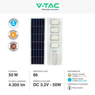 VT-40401ST Lampada Stradale 50W Pannello Solare IP65 V-Tac