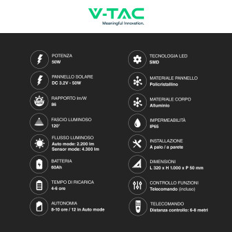 VT-40401ST Lampada Stradale 50W Pannello Solare IP65 V-Tac