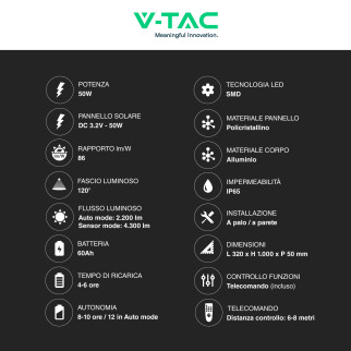 VT-40401ST Lampada Stradale 50W Pannello Solare IP65 V-Tac