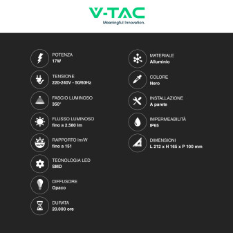 VT-11020 Lampada LED da Muro 17W Ruotabile SMD Nera V-Tac