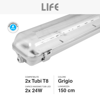 Plafoniera Lineare Slim Porta Tubi LED IP65 2 Tubi T8 da 150cm Life