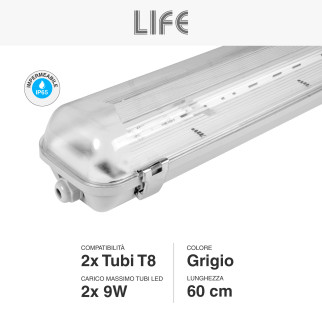 Plafoniera Lineare Slim Porta Tubi LED IP65 2 Tubi T8 da 60cm Life