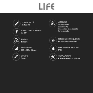 Plafoniera Lineare Slim Porta Tubi LED IP65 2 Tubi T8 da 60cm Life