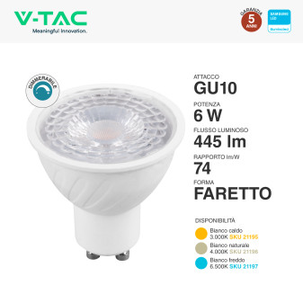 VT-227D Lampadina LED GU10 6W Faretto SMD Chip Samsung V-Tac