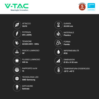 VT-227D Lampadina LED GU10 6W Faretto SMD Chip Samsung V-Tac