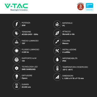 VT-120136S Tubo LED Plafoniera 36W Samsung SMD IP65 V-Tac