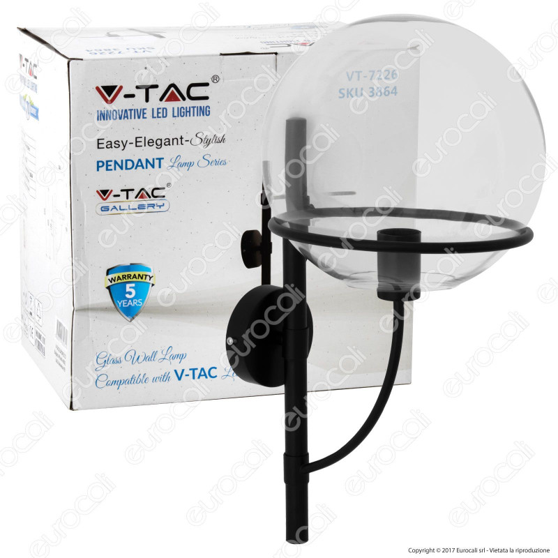 V-TAC VT-7226 Lampada da Muro in Vetro Trasparente con Portalampada
