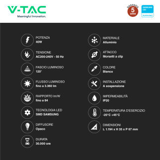 VT-7-40 Lampada LED a Sospensione 40W SMD Chip Samsung V-Tac