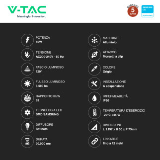 VT-7-43 Lampada LED a Sospensione 40W SMD Chip Samsung V-Tac