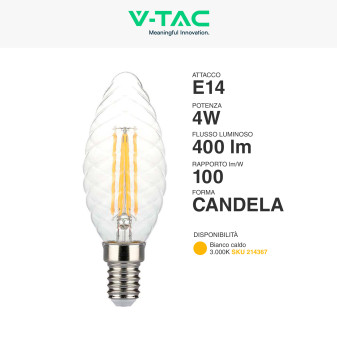 VT-1985D Lampadina LED E14 4W Candle Twist Filament V-Tac