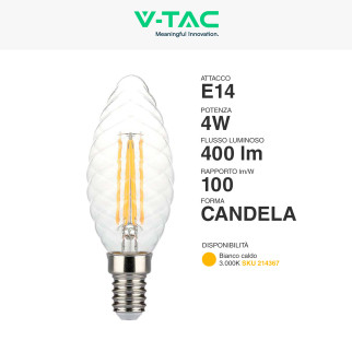 VT-1985D Lampadina LED E14 4W Candle Twist Filament V-Tac