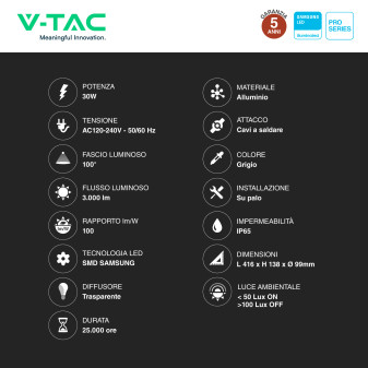 VT-39ST Lampada Stradale LED 30W IP65 SMD Samsung V-Tac Pro
