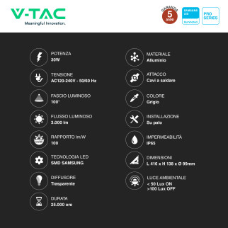 VT-39ST Lampada Stradale LED 30W IP65 SMD Samsung V-Tac Pro