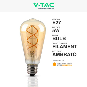 VT-2065 Lampadina LED E27 5W Bulb ST64 Filament Vetro V-Tac
