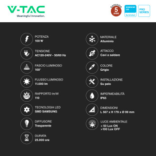 VT-139ST Lampada Stradale LED 50W IP65 SMD Samsung V-Tac Pro