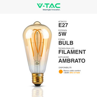 VT-2066 Lampadina LED E27 5W Bulb ST64 Filament Vetro V-Tac