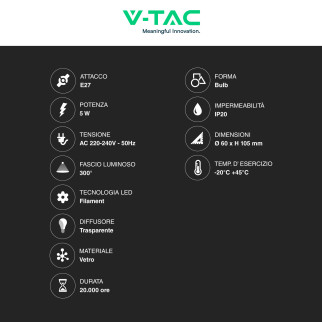 VT-2203 Lampadina LED E27 5W Bulb A60 Filament 3D V-Tac