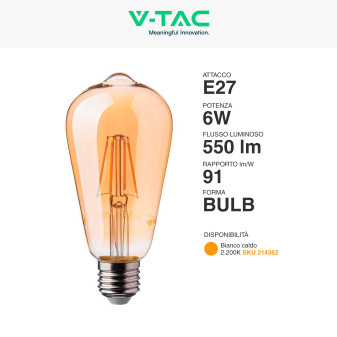 VT-1966 Lampadina LED E27 6W Bulb ST64 Filament Vetro V-Tac