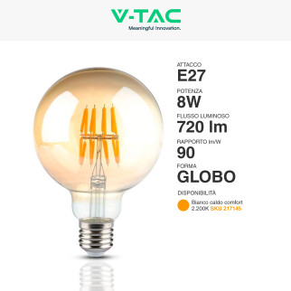 VT-2019 Lampadina LED E27 8W Bulb G95 Filament Vetro V-Tac