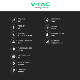 VT-2019 Lampadina LED E27 8W Bulb G95 Filament Vetro V-Tac