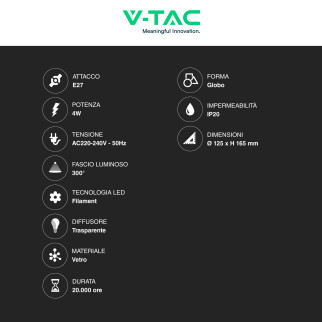 VT-2233 Lampadina LED E27 4W Globo G125 Filament 3D V-Tac