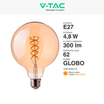 VT-2075 Lampadina LED E27 4,8W Bulb G95 Filament Vetro V-Tac