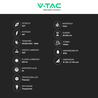 VT-2195 Lampadina LED E27 4W G125 Art Filament Vetro V-Tac