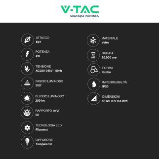 VT-2195 Lampadina LED E27 4W G125 Art Filament Vetro V-Tac