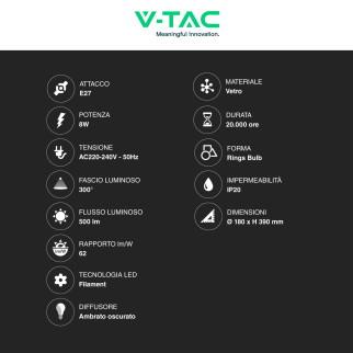 VT-2188D Lampadina LED E27 8W Bulb S200 Filament Vetro V-Tac