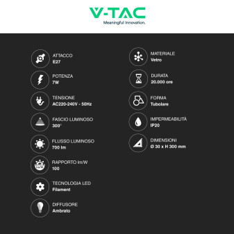 VT-2008 Lampadina LED E27 7W Bulb T30 Filament Vetro V-Tac